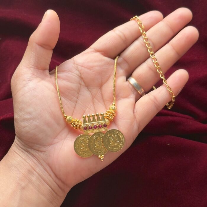 PREMIUM GOLD PLATED 3 LAKSHMI COIN ADAKKU NECKLACE (TC015 )