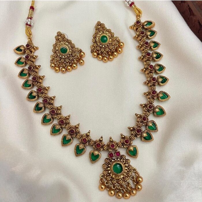 ATQ 49 RUBY STONE PALAKKA NECKLACE WITH EARRING SET
