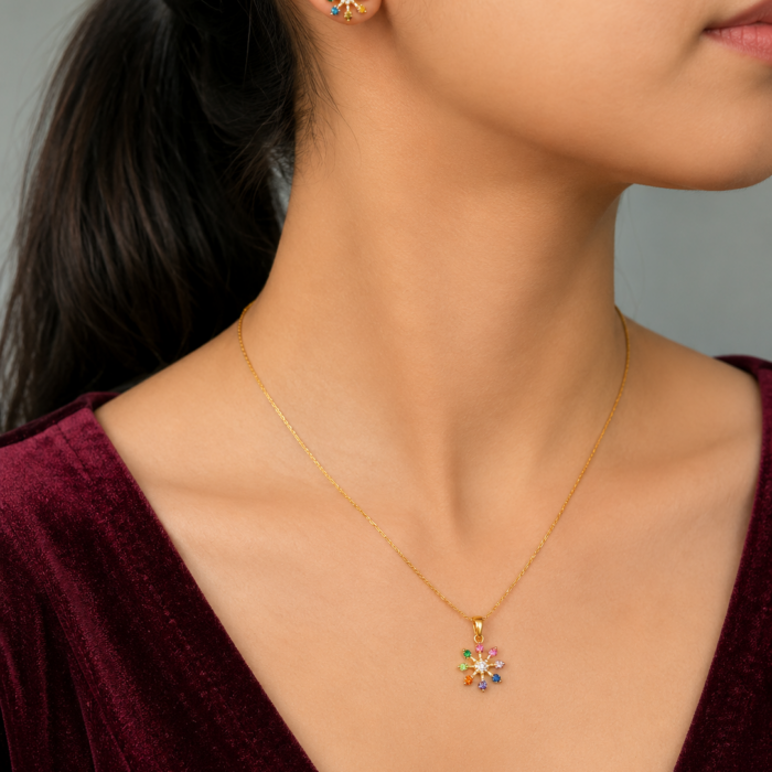 DIAMOND REPLICA SET NAVARATHNA(18 INCH CHAIN PENDANT WITH EARNING