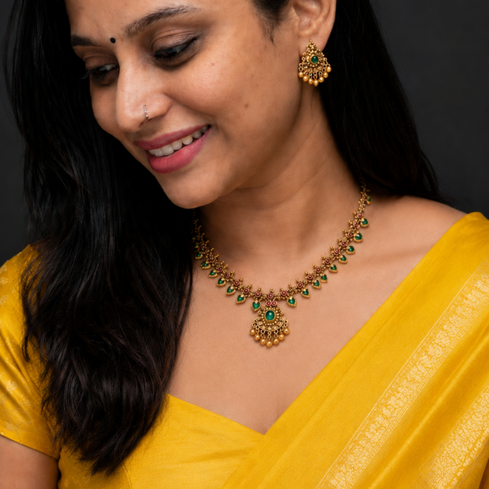 ATQ 49 RUBY STONE PALAKKA NECKLACE WITH EARRING SET