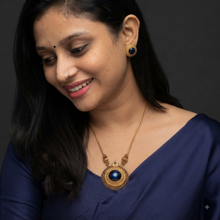 ATQ 47 BLUE SEMI PRECIOUS STONE MINI HARAM WITH EARRING